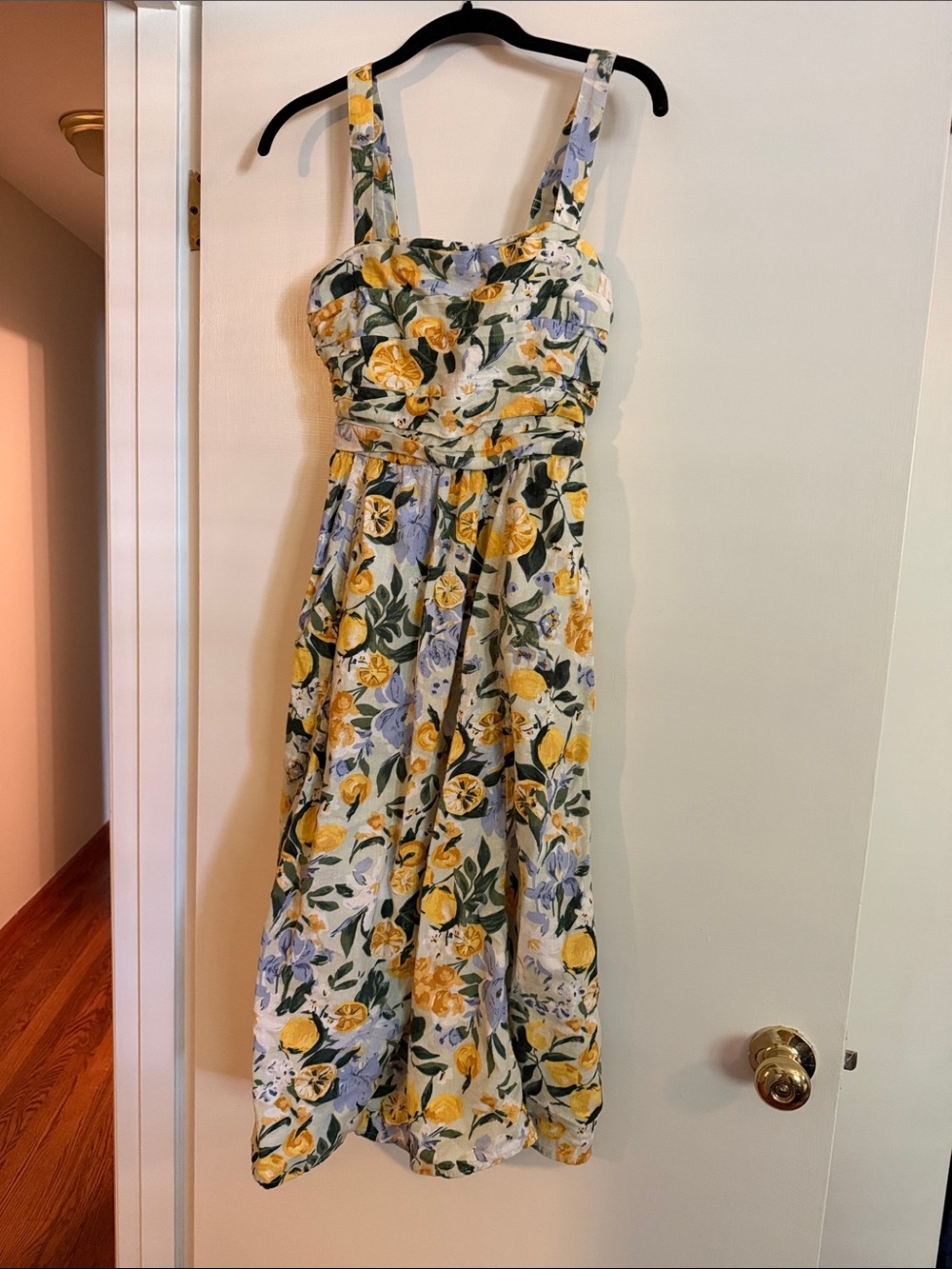 Abercrombie & Fitch linen Emerson wide strap midi dress lemon print